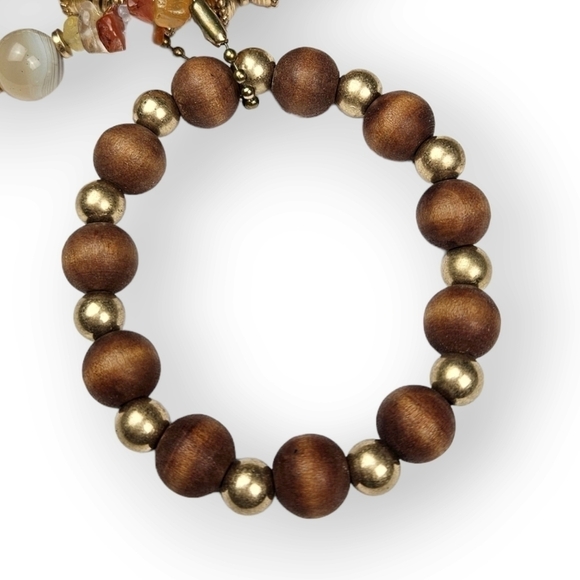 Beaded Bracelet Set Of 3 Natural Stone Wood Antiqued Gold Tone Bohemian ~7" Long - Picture 5 of 6